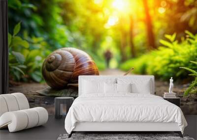 Big snail in its shell slowly crawling on a sunlit path in a lush garden, snail, shell, crawling, road, summer, day, garden Wall mural