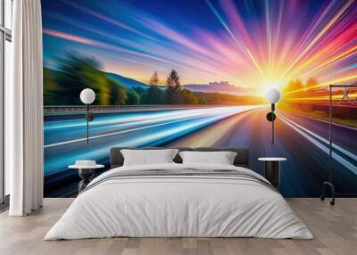 Blurred motion of a road with streaks of light and colors , speed, traffic, highway, fast, transportation, journey, urban Wall mural