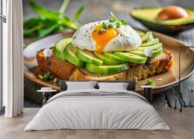 Breakfast concept with toast, avocado, and poached egg Wall mural