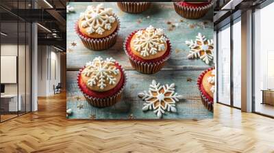 Christmas baking cupcakes with snowflake pattern and copy space Wall mural