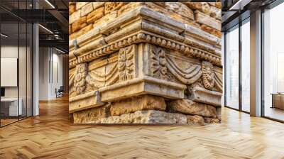 Close-up detailed view of corner of ancient Roman stone building wall showing intricate craftsmanship Wall mural