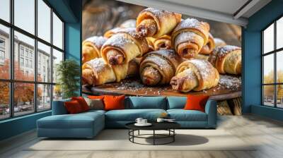 Close-up of a freshly baked rugelach pastry with sugar crystal details on a rustic background Wall mural