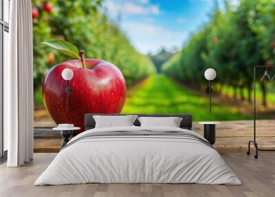 Close-up of a ripe red apple with an apple orchard in the background Wall mural