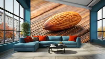 Close-up of an almond on a wooden table, nutrition, healthy, snack, organic, nut, ingredient, food, raw, natural, vegan, protein Wall mural