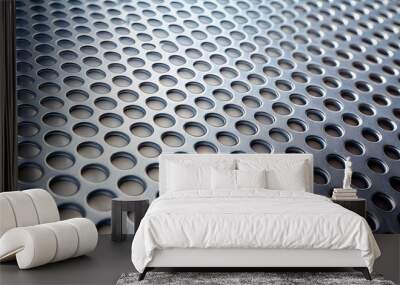 Close up shot of silver perforated metal sheet with circular holes Wall mural