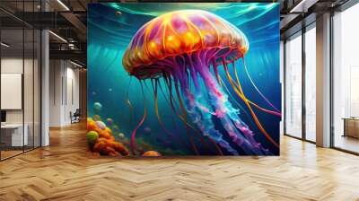 Colorful jellyfish gracefully moving in underwater environment Wall mural