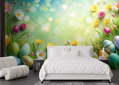 Congratulatory Easter background with Easter eggs and flowers, Happy Easter, celebration, joy, holiday, decorations Wall mural