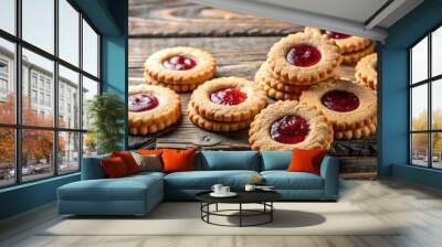 Cookies with jam arranged on a rustic wooden table with copy space Wall mural