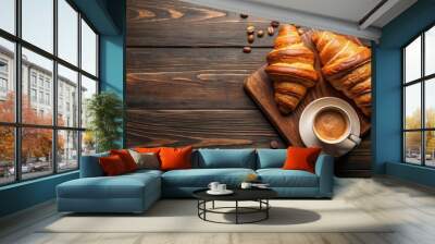 Croissants and coffee served on a dark wooden table Wall mural