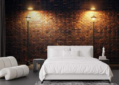 Dark brick wall of street facade illuminated at night with street lights, creating a moody atmosphere Wall mural