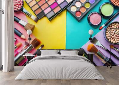 Decorative makeup cosmetic products on a colorful background, cosmetics, makeup, beauty, eyeshadow, lipstick, foundation Wall mural