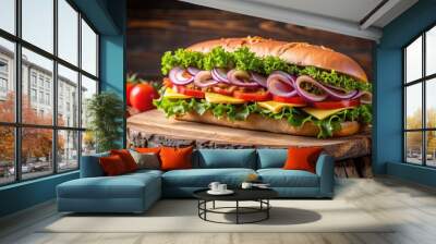 Fresh submarine sandwich with ham, cheese, lettuce, tomatoes, and onion on a rustic wooden table , sub, sandwich, ham, cheese Wall mural