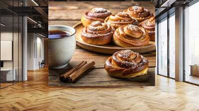 Freshly baked traditional Swedish cinnamon buns (kanelbulle) served with a cup of coffee on a wooden table with copy space Wall mural