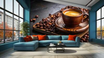 Freshly brewed espresso in a wooden cup surrounded by coffee beans on a dark background Wall mural