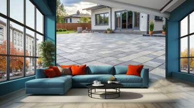 Gray concrete paving stones being laid on the courtyard pavement of a house Wall mural