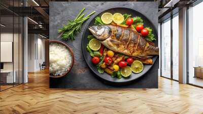 Grilled fish served with rice and vegetables on black background Wall mural