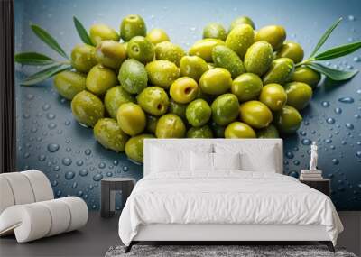 Heart shaped olives with water droplets, symbolizing love and health Wall mural