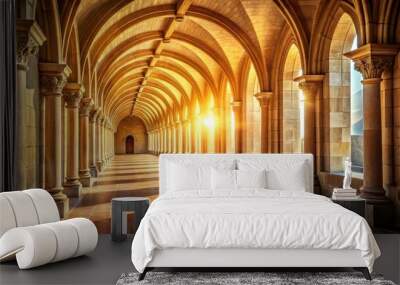 Historical Grandeur Sunlit Stone Corridor with Majestic Arches and Columns Wall mural