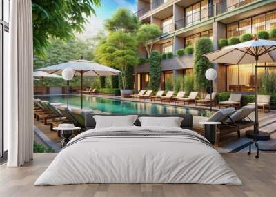 Modern hotel exterior view with pool, lounge chairs, umbrellas, and lush greenery Wall mural