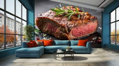 Organic cooked beef steak on a dark black background Wall mural