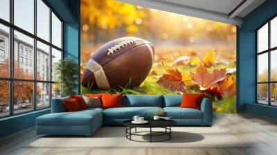 Serenity and beauty of a football on a dewy field amidst autumn leaves Wall mural