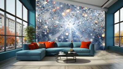 Silver confetti explosion with shiny metallic particles on a festive background, silver, confetti, explosion, festive Wall mural