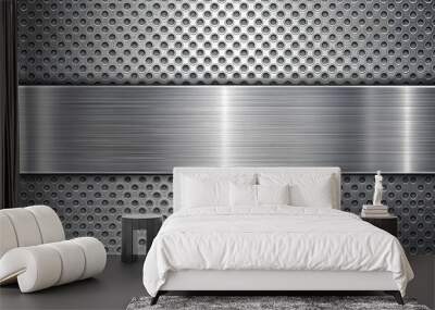 Silver metallic background with perforated surface and polished plate below, giving a modern and industrial look Wall mural