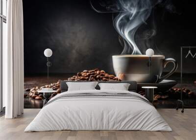 Steaming coffee cup and beans in dramatic light and shadow on black surface Wall mural