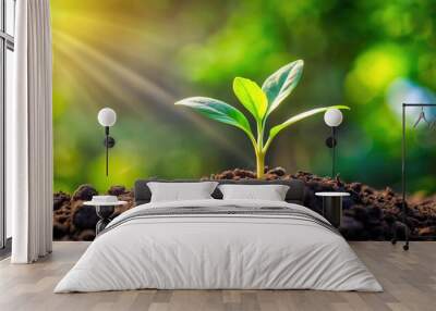 Vibrant and fresh young plant growing in fertile soil Wall mural