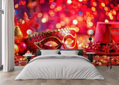 Vibrant carnival accessories in bright red color against a festive background Wall mural