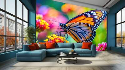 Vibrant close-up image of a colorful butterfly on a flower, butterfly, insect, nature, wings, beauty, vibrant, pollinator Wall mural