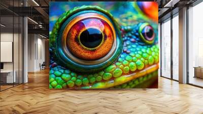 Vibrant macro photograph of a colorful frog's textured eye, frog, amphibian, eye, close-up, macro, colorful, vibrant Wall mural