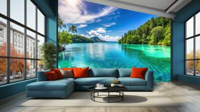 Vibrant summer landscape with turquoise waters, lush green forests, and clear blue skies, summer, travel, landscape, beach Wall mural