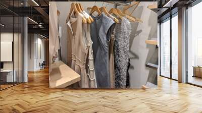 A large, walk in closet with shirts and dresses hanging up on hangers Wall mural