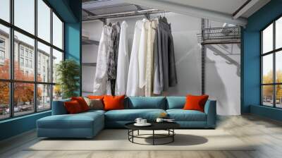 Collection of monotone colors tops and bottoms hanging inside an organized walk in closet with metal wire rack shelving Wall mural