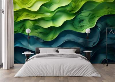 Abstract wavy pattern in shades of green and blue. Concept of fluid motion, natural elements and organic forms. Wall mural