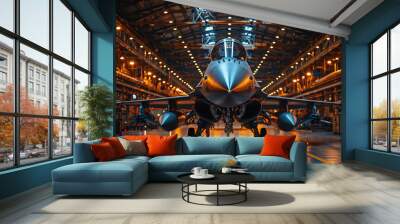 Advanced fighter jet stands majestically in illuminated hangar, showcasing military aviation technology. Concept of defense, aerospace engineering, and power. Wall mural