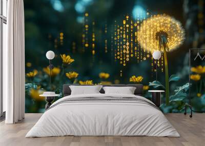 Dandelion with digital binary code, nature meets technology concept Wall mural