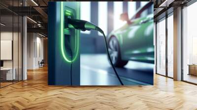 Electric car charging at the station, green background with space for text Wall mural