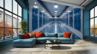 Empty corridor in modern prison facility with blue doors and bright lighting. Concept of law enforcement, security and incarceration. Wall mural