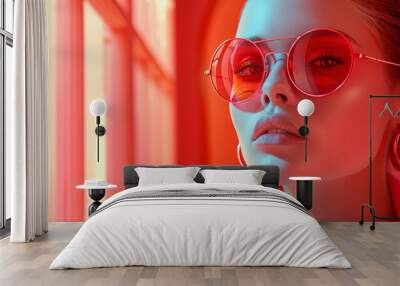 Portrait of model wearing round reddish glasses. Concept of fashion eyewear and contemporary style. Wall mural