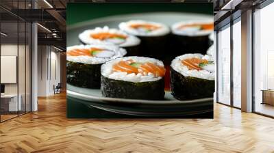 Sushi rolls arranged horizontally on modern plate. Japanese cuisine delicacy presented with artistic flair. Concept of gourmet dining, culinary art, and Asian gastronomy. Wall mural