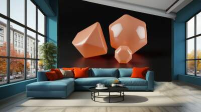 A few translucent Peach decagon shapes on a black background, smooth and highly realistic, high-definition 3D render. Wall mural