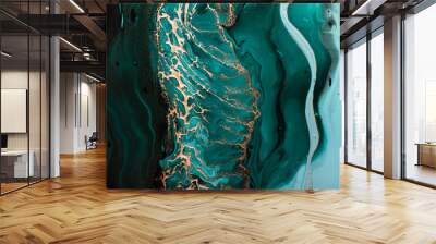 Acrylic Fluid Art. Dark green waves in abstract ocean and golden foamy waves. Marble effect background or texture Wall mural