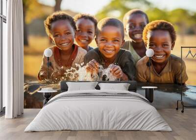 African children enjoy clean water and stretches out his hands to tank with fountain of clean water. Wall mural