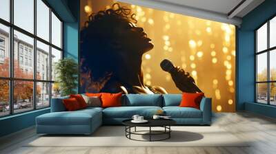 Beautiful African American female singer sings on stage in golden bokeh lights. Generative AI illustration Wall mural