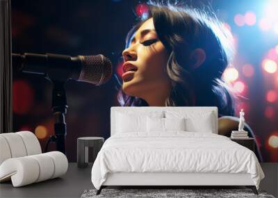 Beautiful asian female singer sings on stage in light spotlights.  Wall mural