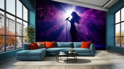 Beautiful female singer silhouette sings on stage in light show Wall mural