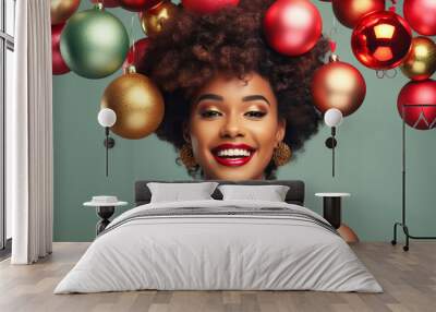 Beautiful woman fashion model with creative Christmas balls hairstyle promoting christmas winter seasonal low prices Wall mural