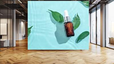 Beauty cosmetic lotion serum bottle and green leaves on water concentric circles background. Treatment skincare concept Wall mural